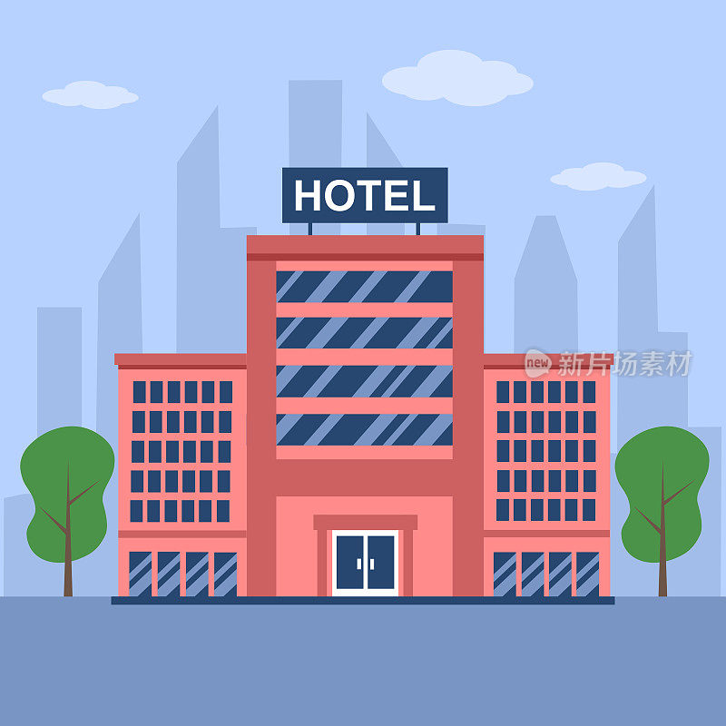 Modern hotel building in flat design vector illustration.